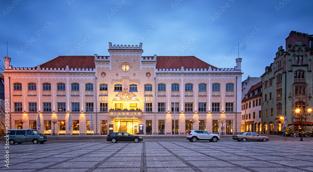View on the town hall of Zwickau, Germany in dusk