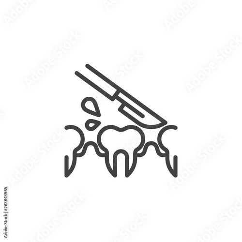 Dental surgery line icon. Tooth and medical knife linear style sign for mobile concept and web design. Human teeth and scalpel outline vector icon. Symbol, logo illustration. Pixel perfect vector 
