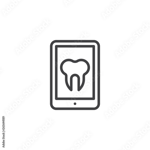 Online dental consultation line icon. linear style sign for mobile concept and web design. Mobile phone with tooth outline vector icon. Symbol, logo illustration. Pixel perfect vector graphics