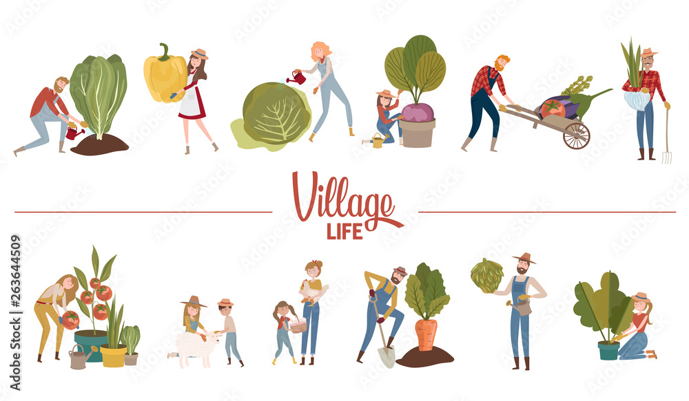 Organic farming illustration with people spending time on the farm, people plant vegetables, take care of plants, adults and children grooming pets. Editable vector illustration Organic farming illustration with people spending time on the farm, people plant vegetables, take care of plants, adults and children grooming pets. Editable vector illustration