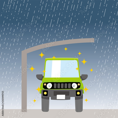 Cute car and carport, illustration of garage, carport protecting car from heavy rain, four wheel drive car