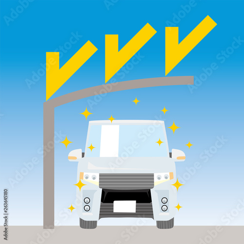 Cute car and carport, illustration of garage, carport protecting car from UV rays, minivan