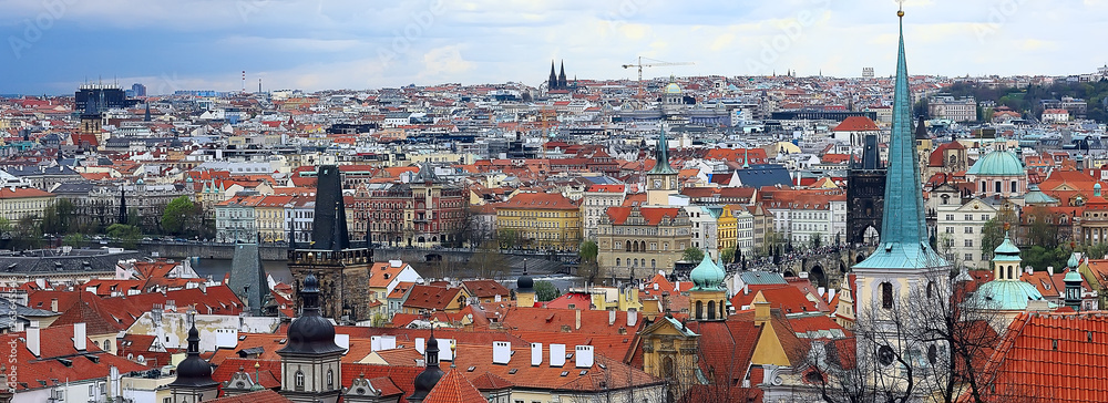 narrow panorama of Prague horizontal / view of the capital of the czech republic, Prague castle with red roofs, tourist view, landscape in the czech republic