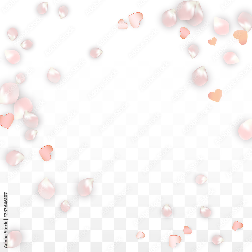 Vector Realistic Petals and Hearts Confetti. Flying Sakura and Hearts on Transparent Background. Wedding Invitation Background. Spring Romance Poster. Vector Illustration for Anniversary Design. Vector Realistic Petals and Hearts Confetti. Flying Sakura and Hearts on Transparent Background. Wedding Invitation Background. Spring Romance Poster. Vector Illustration for Anniversary Design.