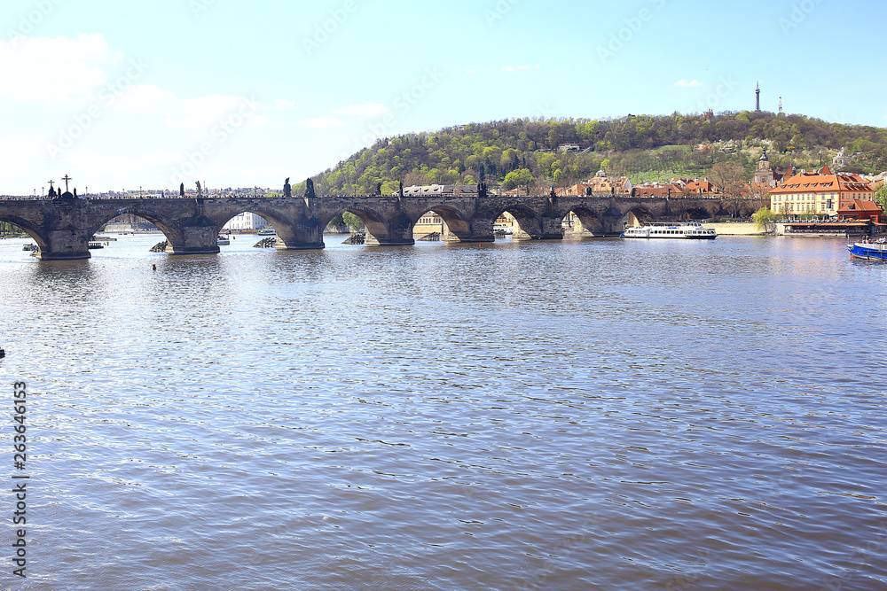 prague bridges river / panoramic tourist view czech republic capital. Landscape with bridges across the river of vltava in Prague