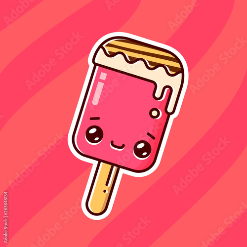 Melting ice cream on a stick on pink background. Eskimo pie sticker. Vector flat outline icon. Comic character in kawaii cartoon style illustration for tshirt design