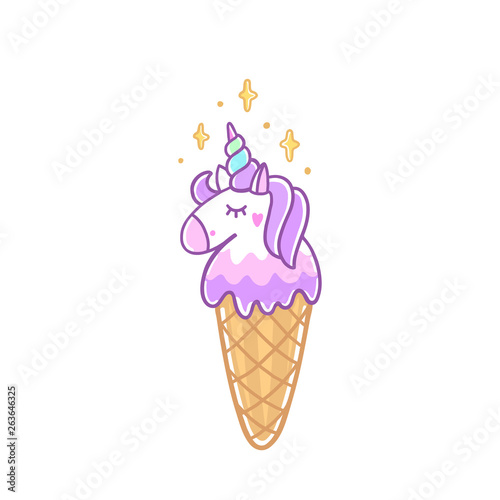 Unicorn ice cream with stars on white background. It can be used for sticker, patch, phone case, poster, t-shirt etc.