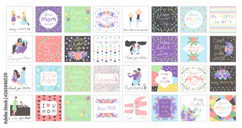 big set with Scenes with mother and daughter, pattern with hearts and flowers for mother's day design template. Multicolor mother day set with inscriptions