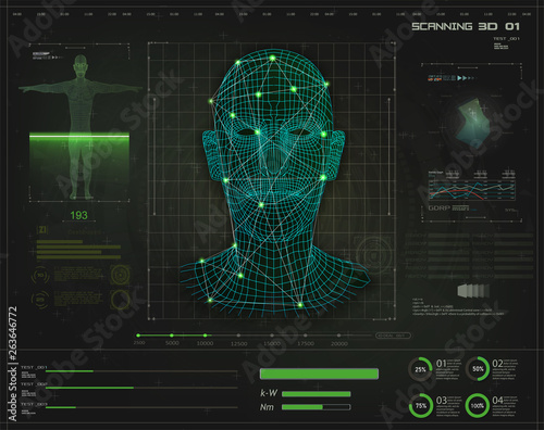 Artificial intelligence. Biometric identification or Facial recognition system concept in style HUD GUI. Concept of biometric technology, digital Face Scanning, human head. Futuristic green background