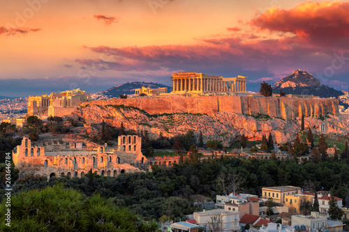 Sunset view of the Acropolis of Athens, Greece, with the Parthenon Temple 