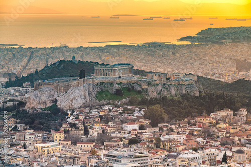 Athens skyline and the Acropolis hill with Parthenon, from the Mt Lykavitos, Athens, Greece
