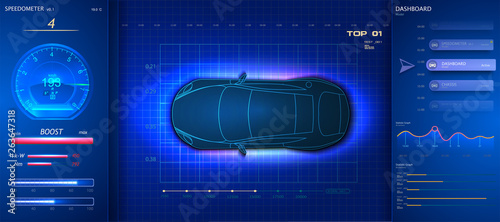 Modern  futuristic car dashboardand touch screen. HUD(Head Up Display), GUI(Graphical User Interface) and digital speedometer. autonomous car. Futuristic car service, scanning and auto data analysis.