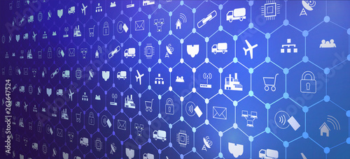 Internet of things (IoT) and networking concept for connected devices. Spider web of network connections with on a futuristic blue background EPS10