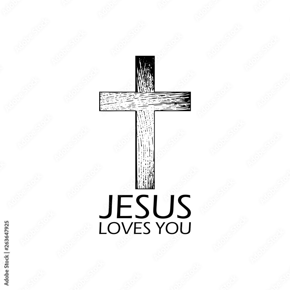 Black wooden cross icon with text Jesus Loves you Black wooden cross icon with text Jesus Loves you