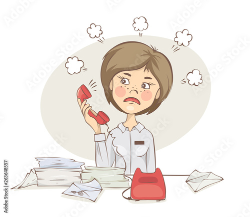 A disgruntled customer. Young woman takes a phone call, vector illustration.	