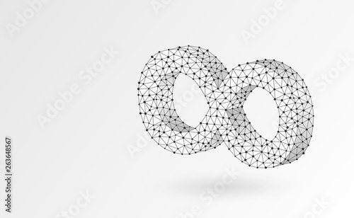 Mobius strip ring infinity sacred geometry. Digital wireframe low poly mesh, vector origami 3d illustration. Abstract endless, infinite structure concept. Triangles, lines, dots on white background