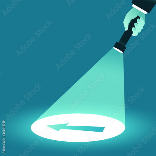 Search and select direction. Hand with a flashlight shining in the dark. Business concept. Vector illustration