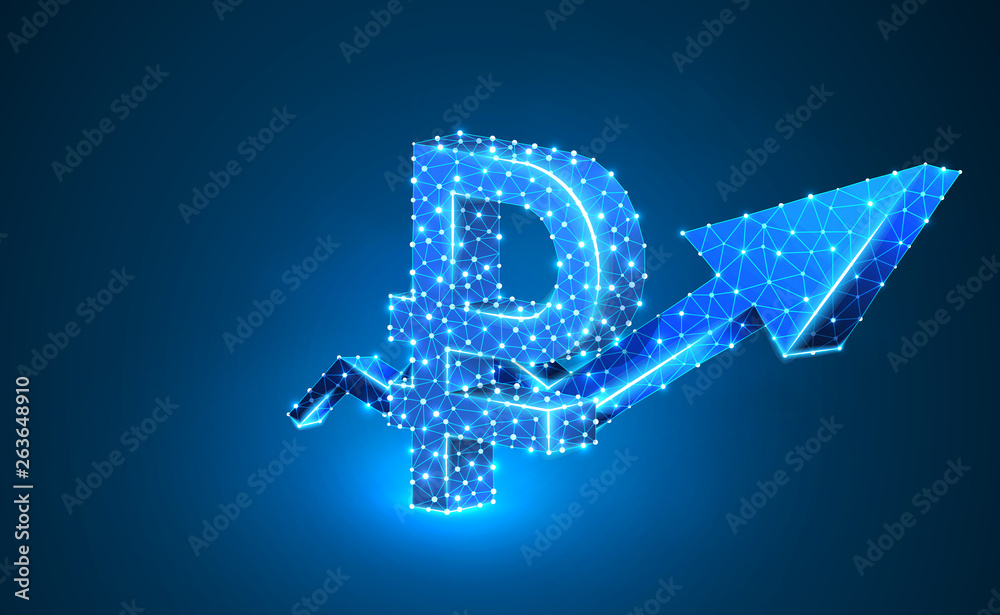 Growth arrow chart, Russian Ruble currency sign, digital neon 3d illustration. Polygonal Raster business success, data cash, finance concept. Low poly wireframe, triangle, lines, dots. Blue background