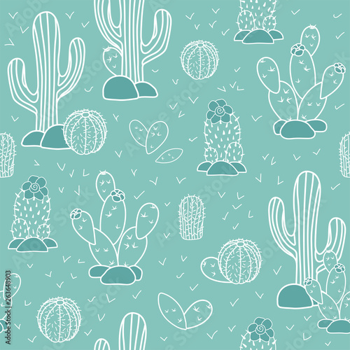 Seamless vector pattern with cactuses and succulents. Home garden cartoon cactuses for wallpaper, curtain, tablecloth.