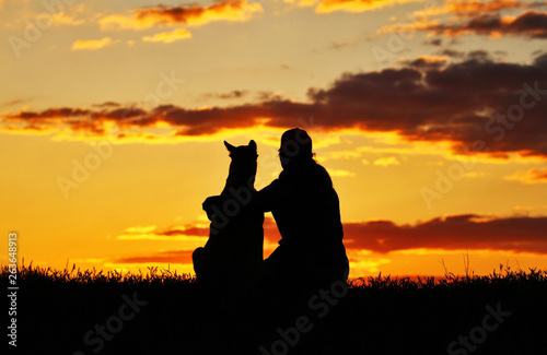Silhouettes of girl and dog at sunset, breed Belgian shepherd Malinois, incredibly beautiful sunset, best friends together