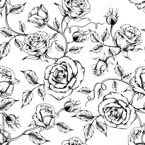 Seamless rose pattern with sketch flowers and leafs. Hand drawn