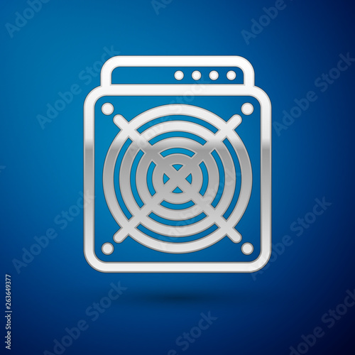 Silver ASIC Miner icon isolated on blue background. Cryptocurrency mining equipment and hardware. Application specific integrated circuit. Vector Illustration