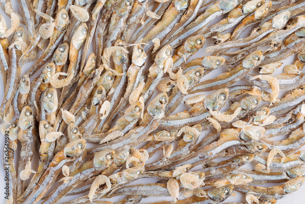 Arranged small dried fish and shrimps pattern