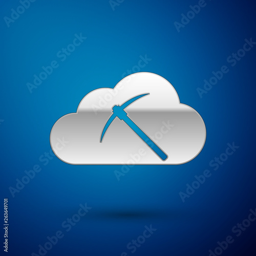 Silver Cryptocurrency cloud mining icon isolated on blue background. Cloud with pickaxe, bitcoin, altcoins, digital money market, cryptocoin wallet. Vector Illustration