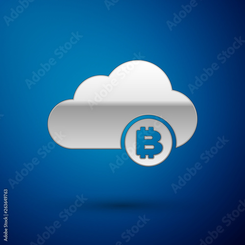 Silver Cryptocurrency cloud mining icon isolated on blue background. Blockchain technology, bitcoin, digital money market, cryptocoin wallet. Vector Illustration