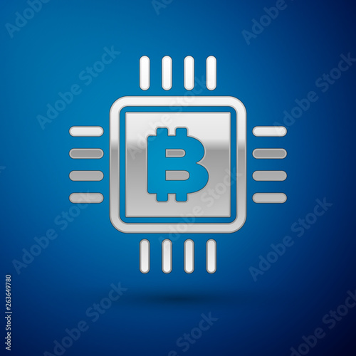Silver CPU mining farm icon isolated on blue background. Bitcoin sign inside microchip. Cryptocurrency mining community. Digital money. Vector Illustration