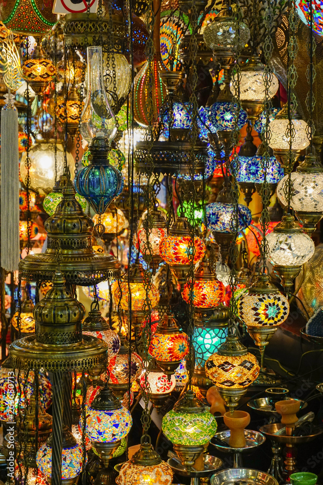 Glass lanterns stand in Grand bazaar Istanbul Turkey