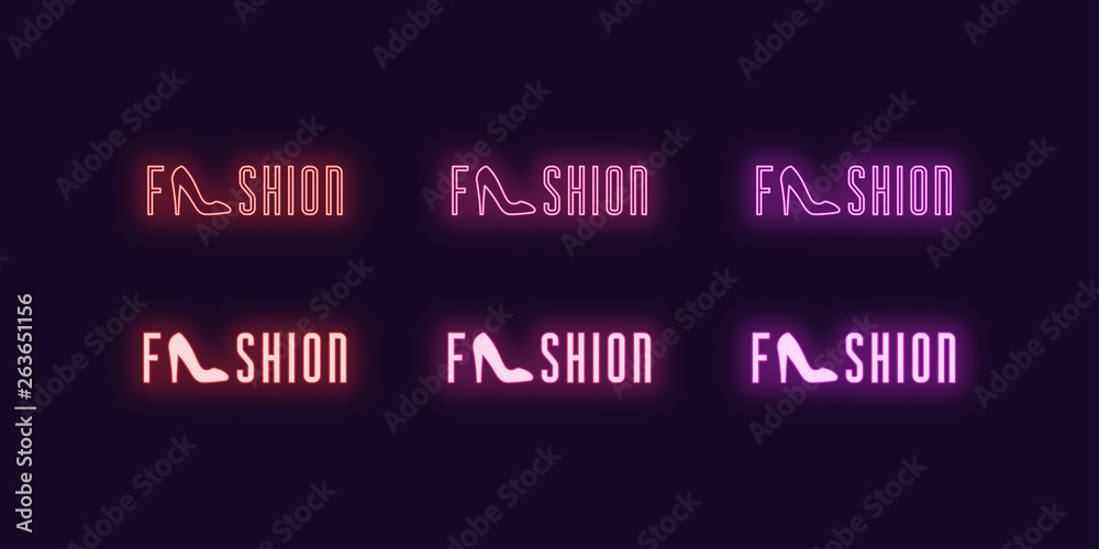Neon icon set of word Fashion. Glowing neon text Neon icon set of word Fashion. Glowing neon text