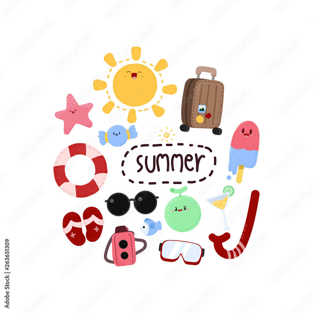 Fototapeta premium Cartoon Summer elements.Hand draw doodle art.