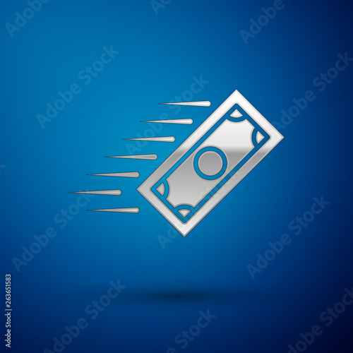 Silver Fast payments icon isolated on blue background. Fast money transfer payment. Financial services, fast loan, time is money, cash back concept. Vector Illustration