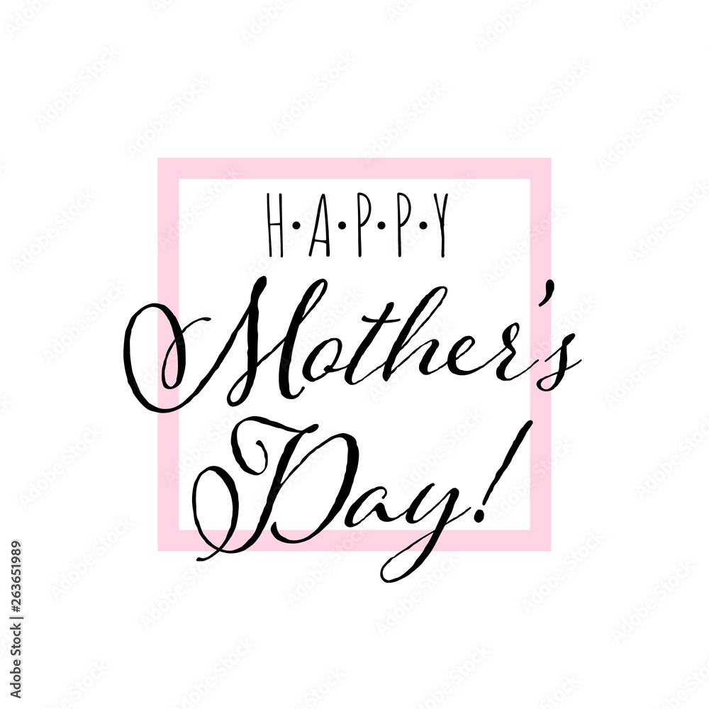 Happy Mother's Day greeting card with pink outline and creative lettering. Minimalistic card with text on white background. Vector holiday illustration.