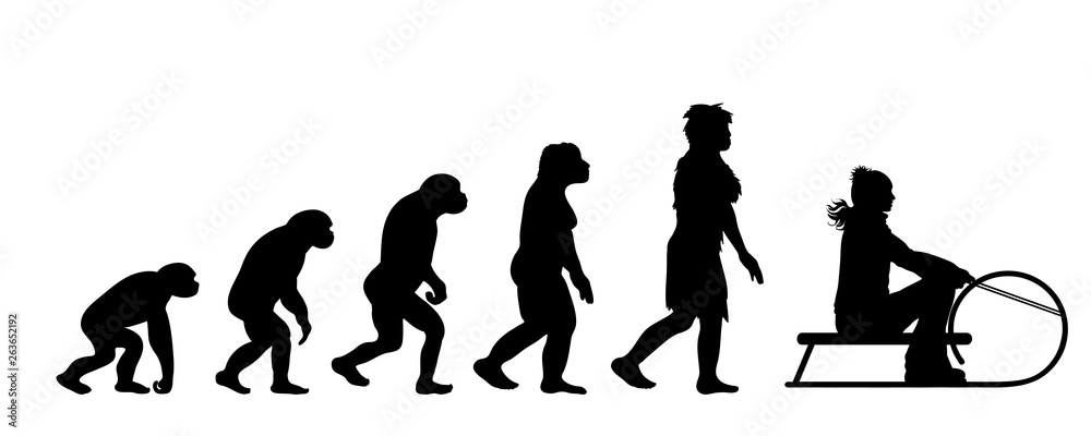 Painted theory of evolution of woman. Vector silhouette of homo sapiens. Symbol from monkey to sledger. Painted theory of evolution of woman. Vector silhouette of homo sapiens. Symbol from monkey to sledger.
