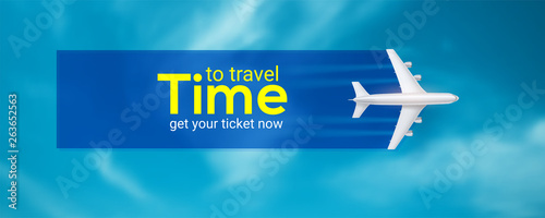 Time to travel. Air transport between countries and continents. Get your ticket now. Realistic icon of airplane on background of blue sky. Vector 3d illustration for touristic and travel agency