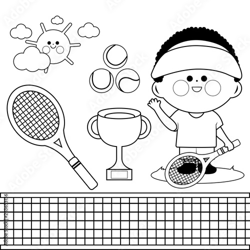 Tennis player boy. Vector black and white coloring page.