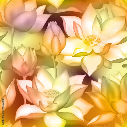 Lotus buds and flowers seamless fabric print., Water lilly nelumbo aquatic plant illustration.