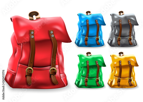 Backpack 3D Realistic Bag Set Design with Different Color Variations Like Red, Blue, Black, Green, and Yellow in White Isolated Background for Back to School or Travel. Vector Illustration