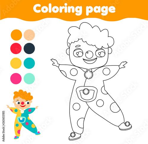 Coloring page. Color picture for toddlers and kids. Educational children game. Funny clown