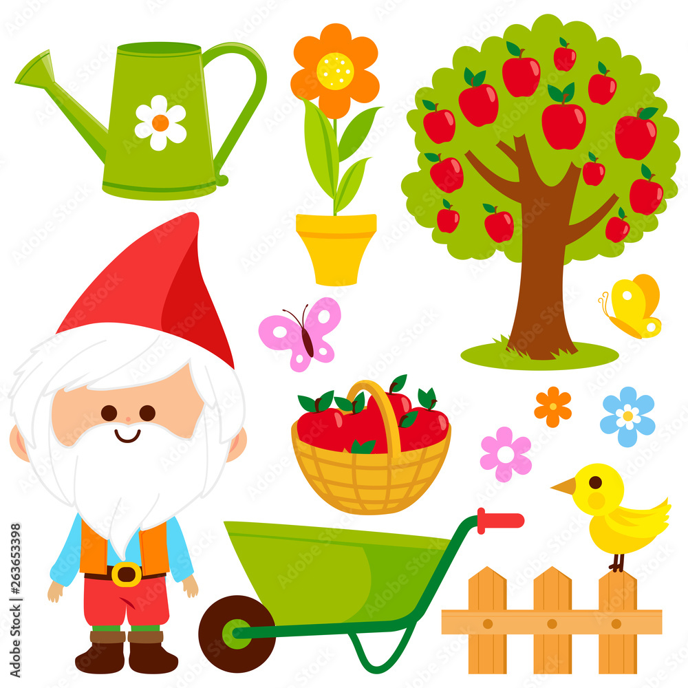 Naklejka premium Gardening illustration collection with garden gnome, wheelbarrow and gardening tools in springtime. Vector illustration