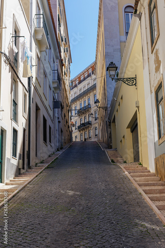 narrow cobbled streets in the old part of the Portuguese city of Lisbon