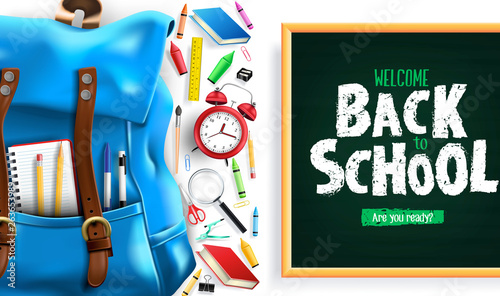 Back to School Greeting Message In White Background Banner with 3D Realistic Design Blue Backpack and School Supplies Like Notebook, Pen, Pencil, Colors, Ruler, Magnifying Glass, Eraser, Paper Clip, 