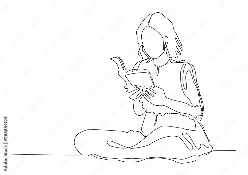 Continuous line drawing woman. Girl sitting reading a book Stock Vector ...