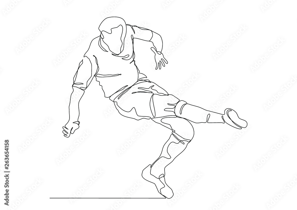 Draw a continuous line of football player kicks the ball Draw a continuous line of football player kicks the ball