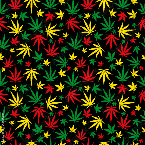 Rasta pattern. Reggae colour ornament. Marijuana seamless background. Rastafarian cannabis hemp template fill. Vector flat Illustration. Square clipart.