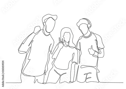 Continuous line drawing of three cheering guys