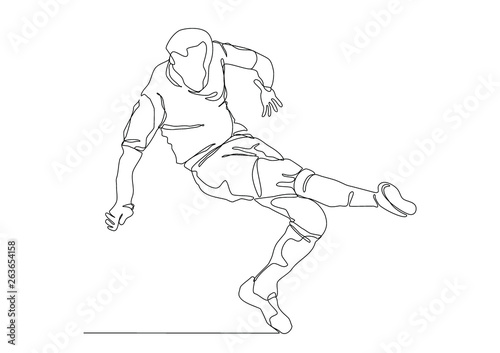 Draw a continuous line of football player kicks the ball