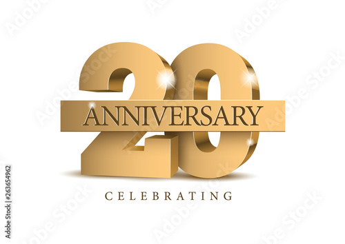 Anniversary 20. gold 3d numbers. Poster template for Celebrating 20th anniversary event party. Vector illustration